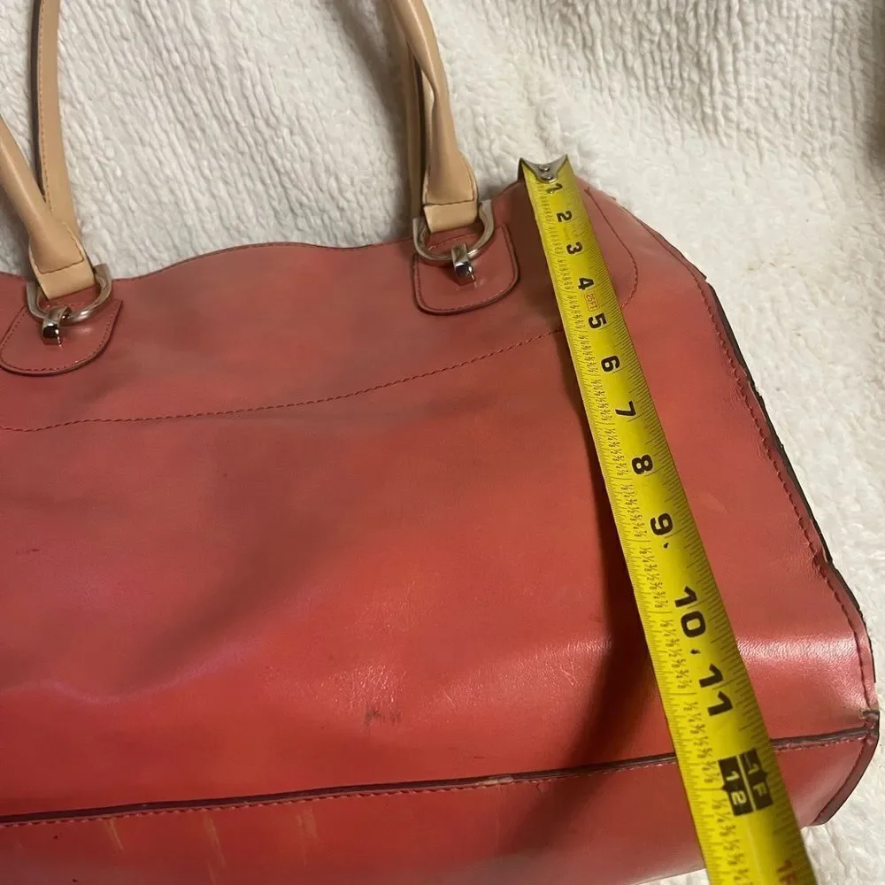 London Fog Faux leather orange large tote bag beige straps silver tone hardwares